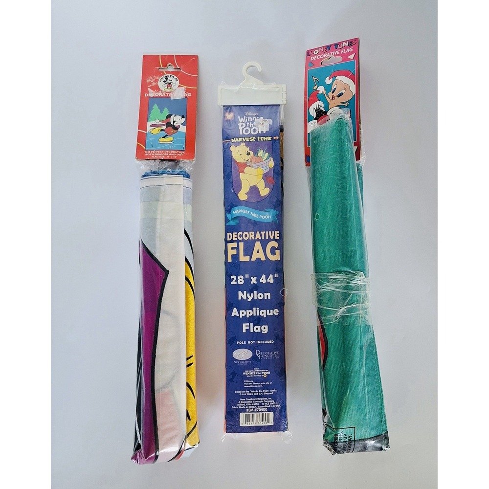 Vintage Lot 3 Disney Looney Tunes 28x44 Flags Mickey Pooh Tweety Sylvester NOS